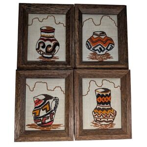 Vintage Southwestern Pottery Crewel Embroidery Framed Wall Art Set of 4 Decor